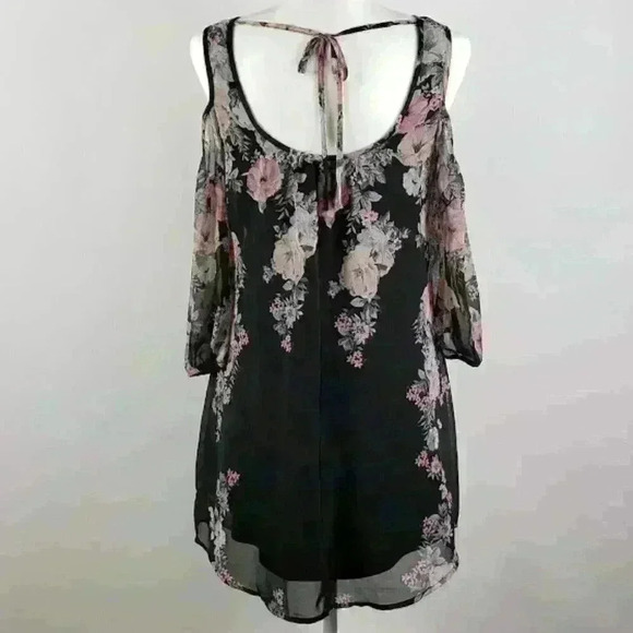 Maurices Floral Dress Cold Shoulder Scoop Neck Tie Back Black Pink Sheer Flowy - Picture 6 of 13
